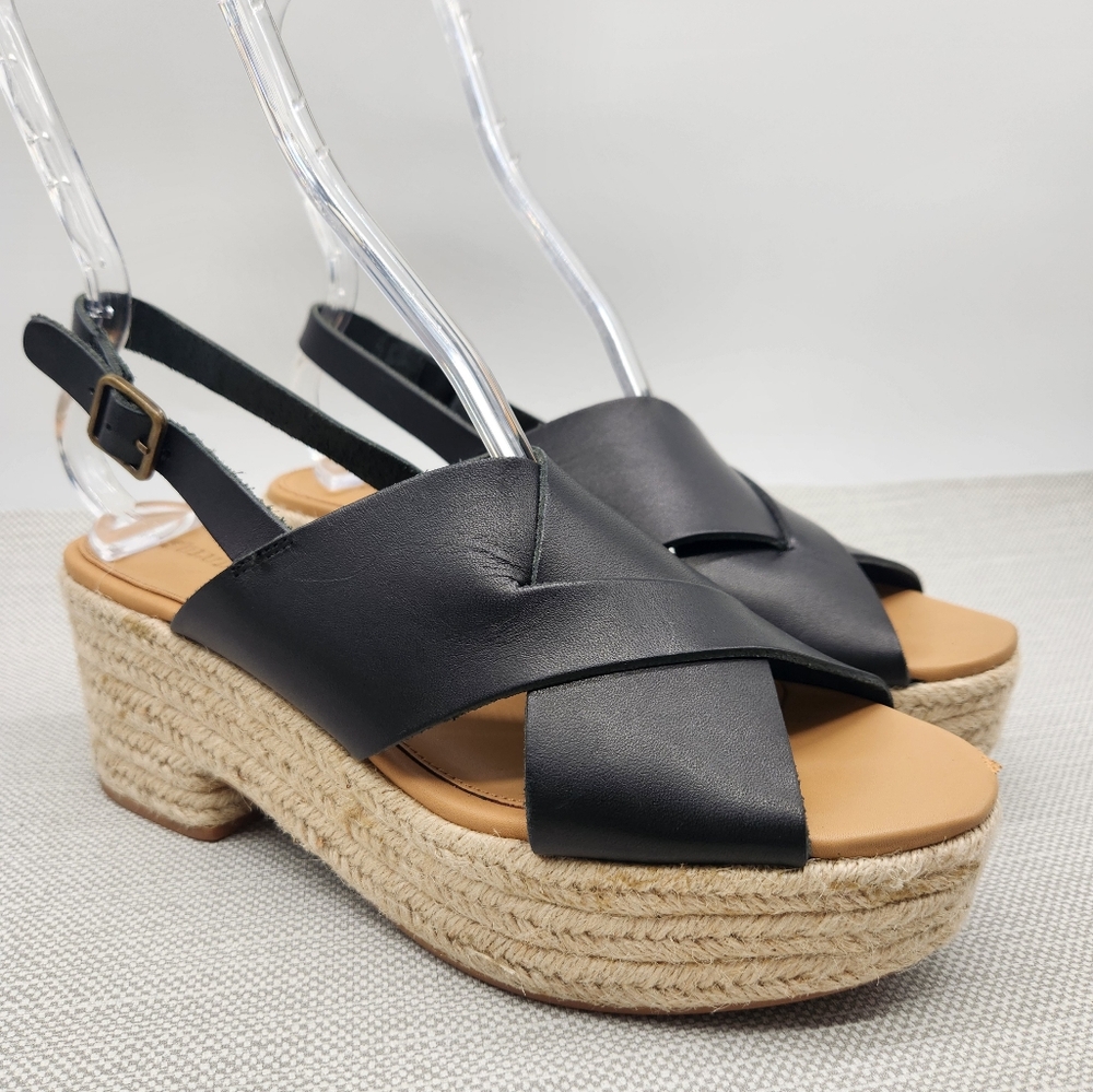 Soludos Amalfi Size 9 Black Leather Platform Sandals Heel Slingback Boho Sisal